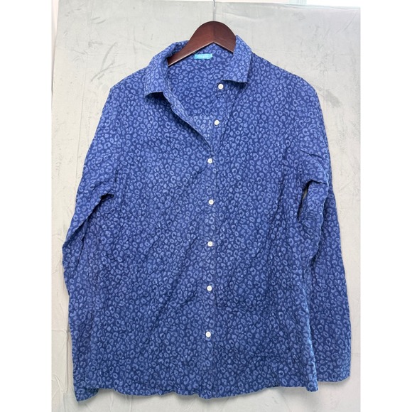 J.McLaughlin Tops - J.McLaughlin Seersucker Leopard Print Cotton Button Down Women Sz M Blue Preppy
